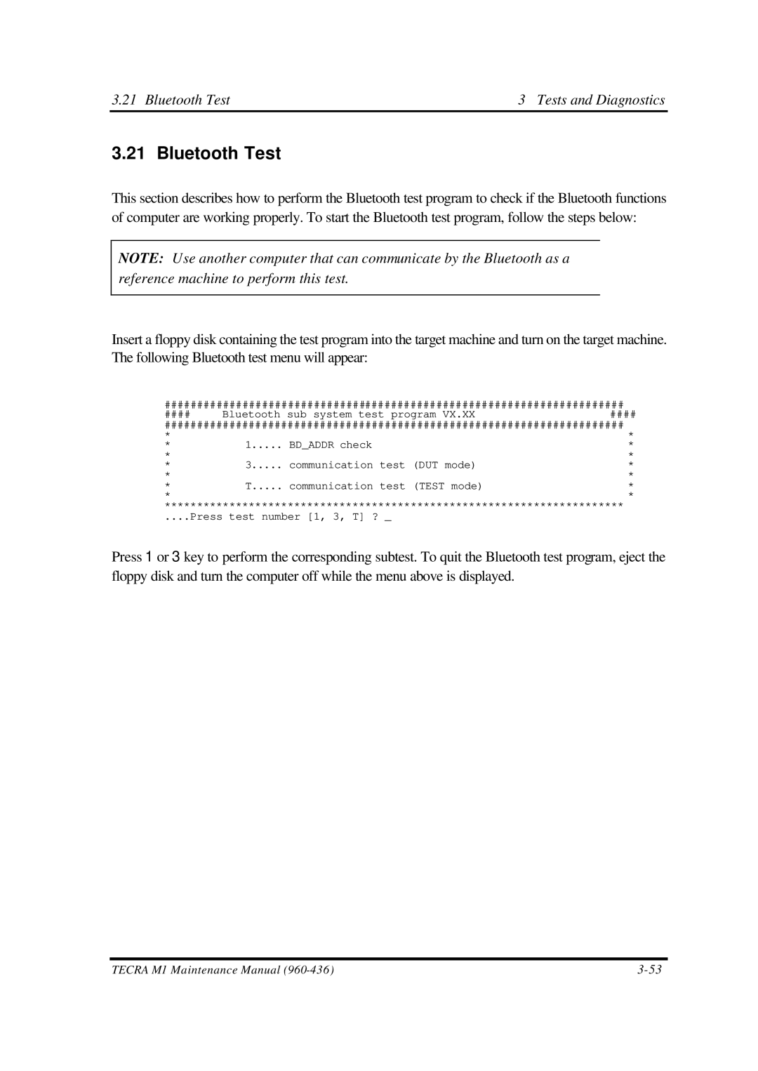 Toshiba M1 manual Bluetooth Test Tests and Diagnostics 