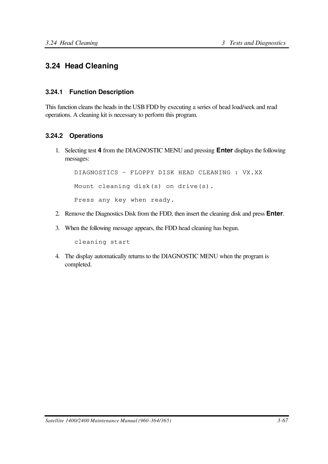 Toshiba M1 manual Head Cleaning Tests and Diagnostics, Function Description, Operations 