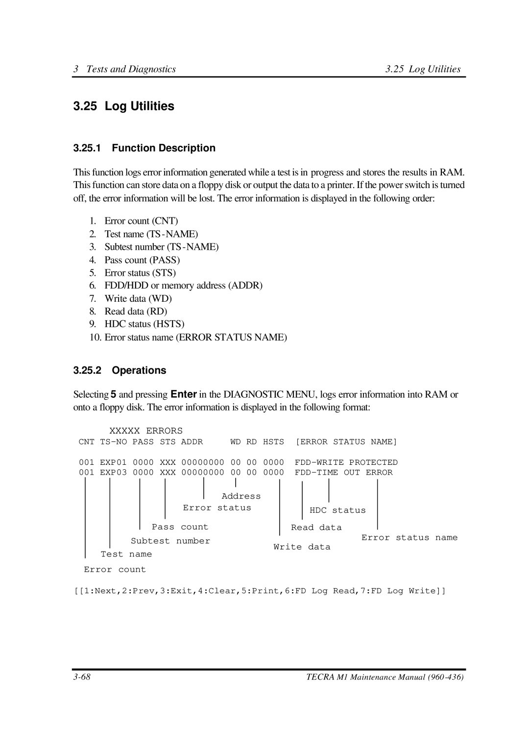 Toshiba M1 manual Tests and Diagnostics Log Utilities 