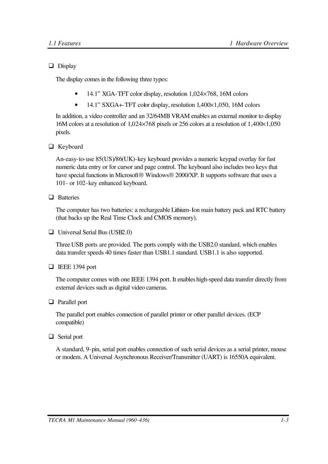 Toshiba M1 manual Features Hardware Overview 