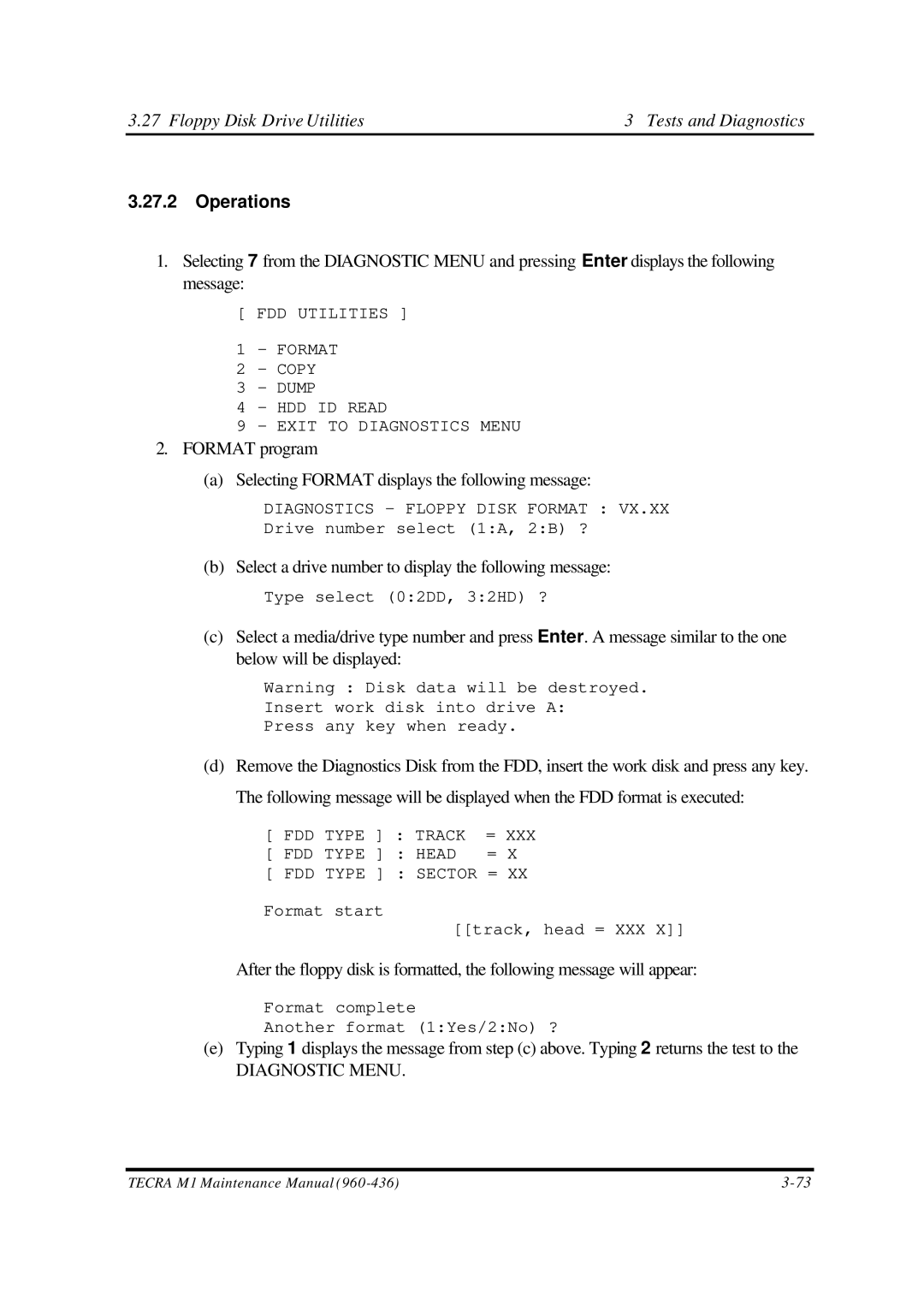 Toshiba M1 manual Floppy Disk Drive Utilities Tests and Diagnostics, Operations 