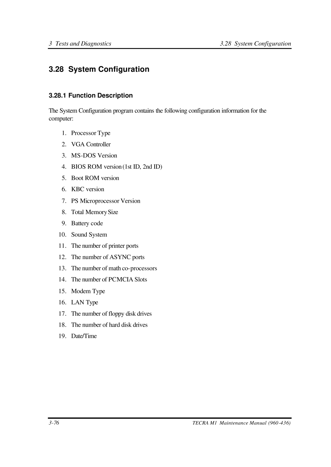 Toshiba M1 manual Tests and Diagnostics System Configuration 