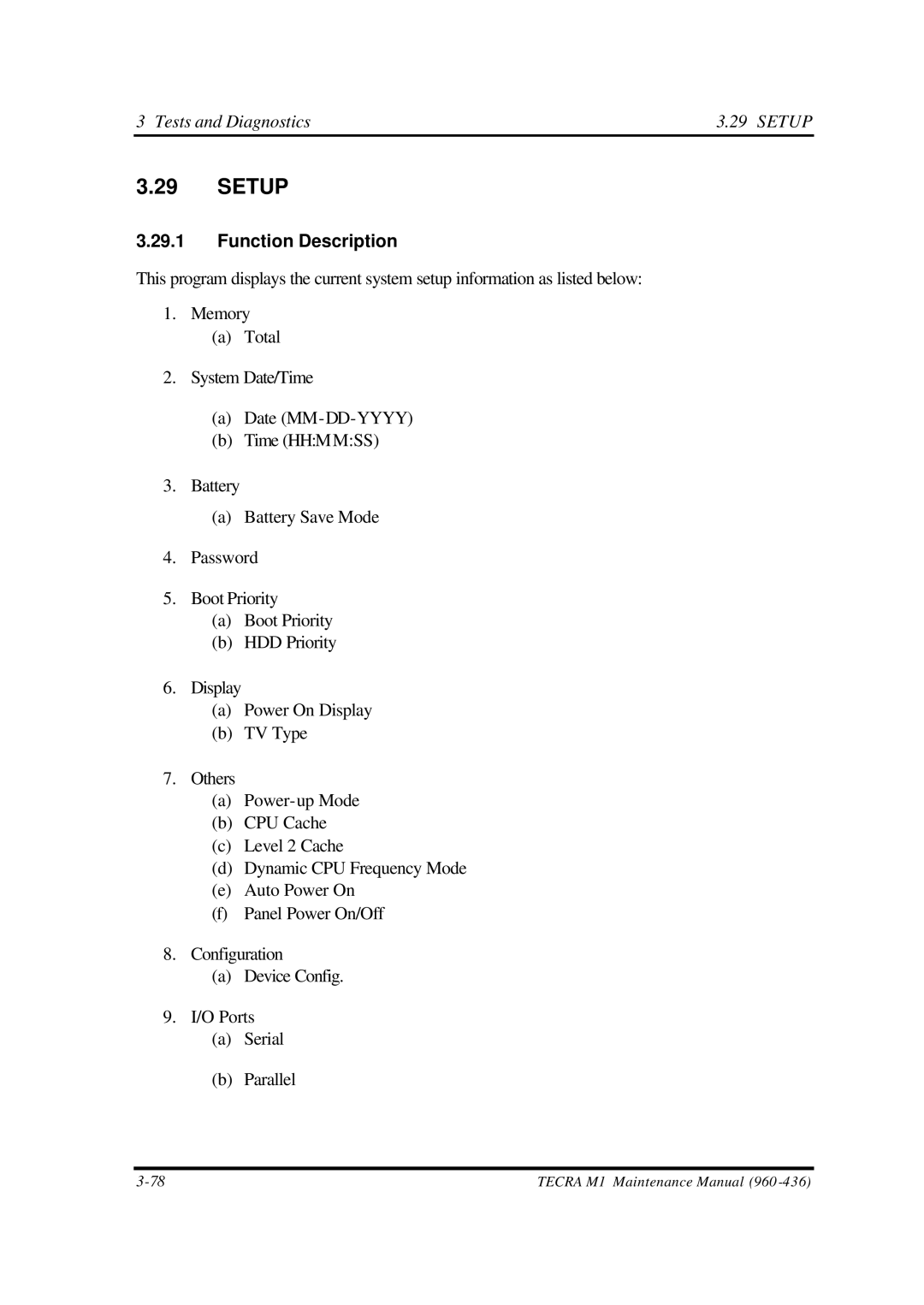 Toshiba M1 manual Tests and Diagnostics Setup 