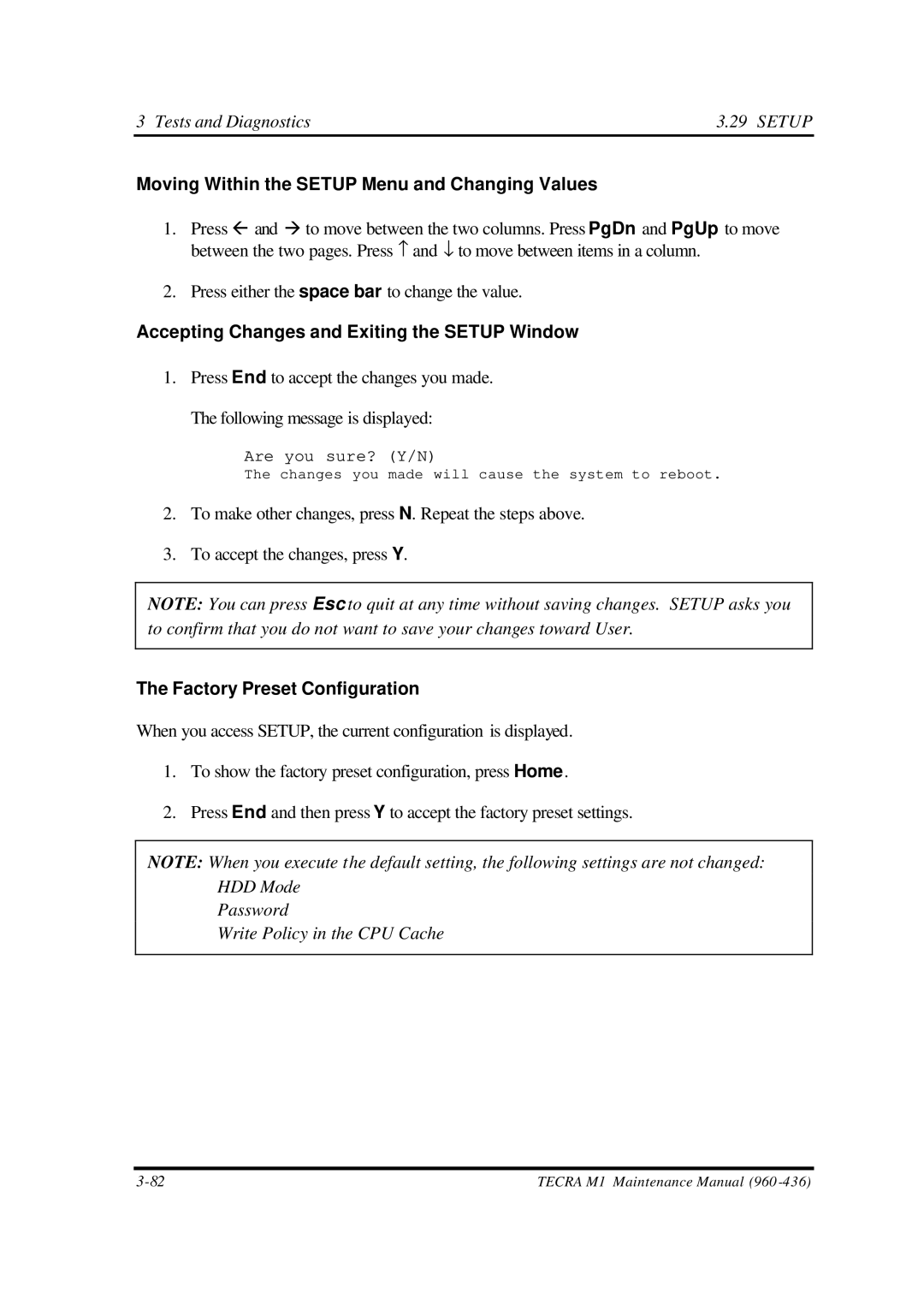 Toshiba M1 manual Moving Within the Setup Menu and Changing Values, Accepting Changes and Exiting the Setup Window 