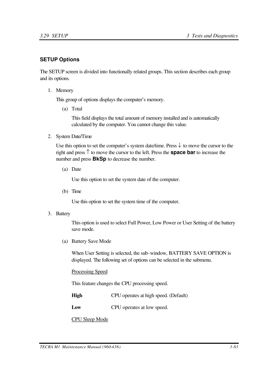 Toshiba M1 manual Setup Options, Low CPU operates at low speed CPU Sleep Mode 