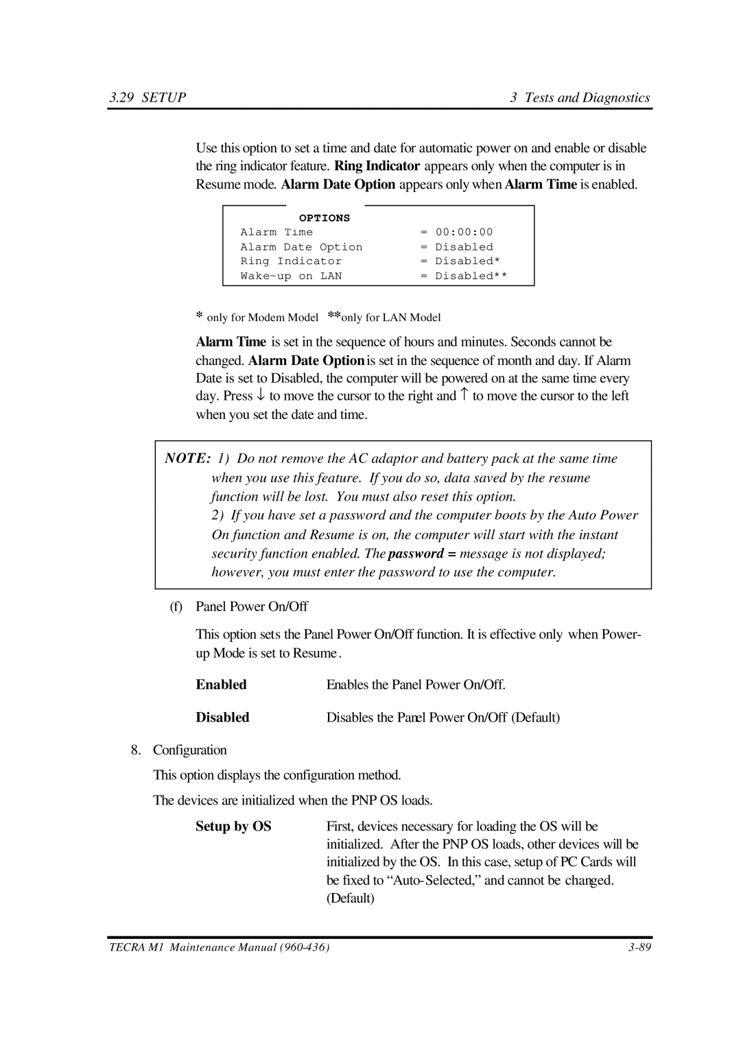 Toshiba M1 manual Enabled Enables the Panel Power On/Off Disabled 