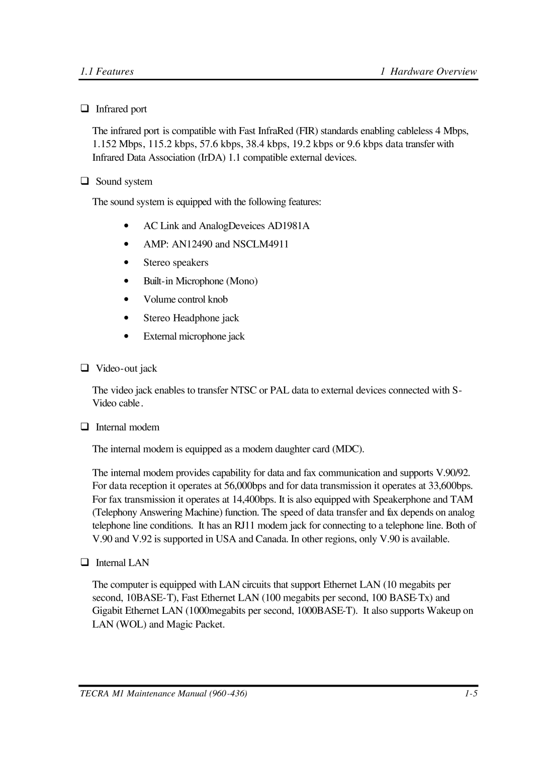 Toshiba M1 manual Features Hardware Overview 