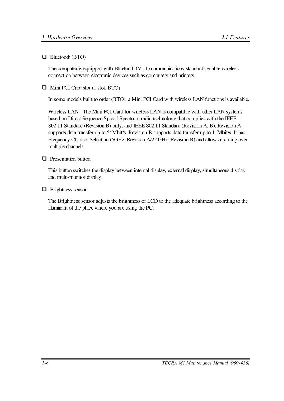 Toshiba M1 manual Hardware Overview 