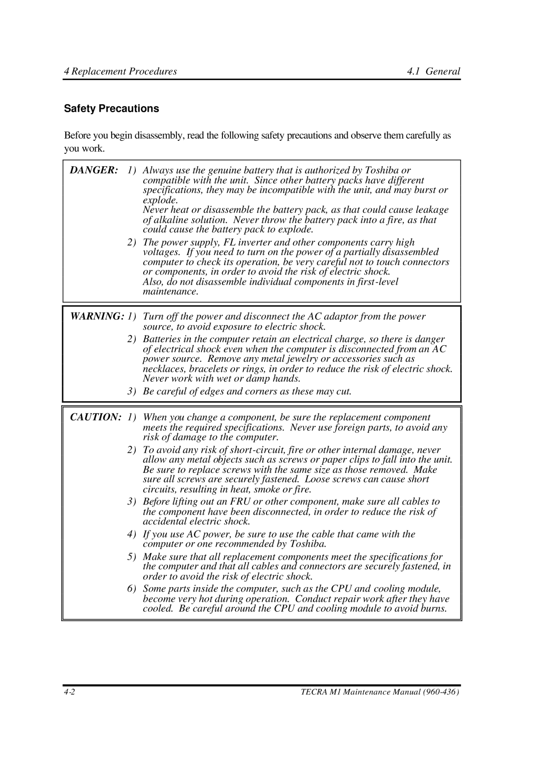 Toshiba M1 manual Replacement Procedures General, Safety Precautions 