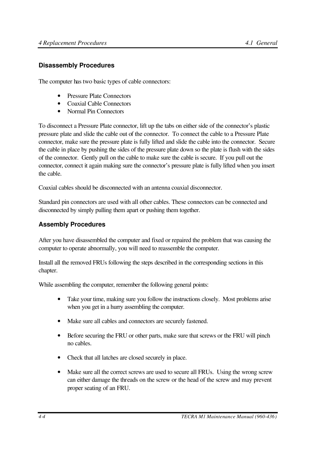 Toshiba M1 manual Disassembly Procedures, Assembly Procedures 