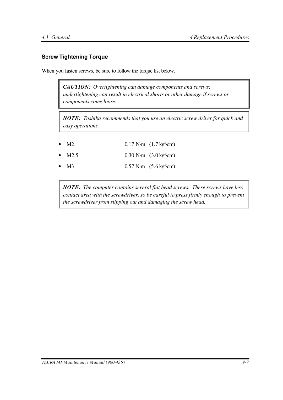 Toshiba M1 manual Screw Tightening Torque 