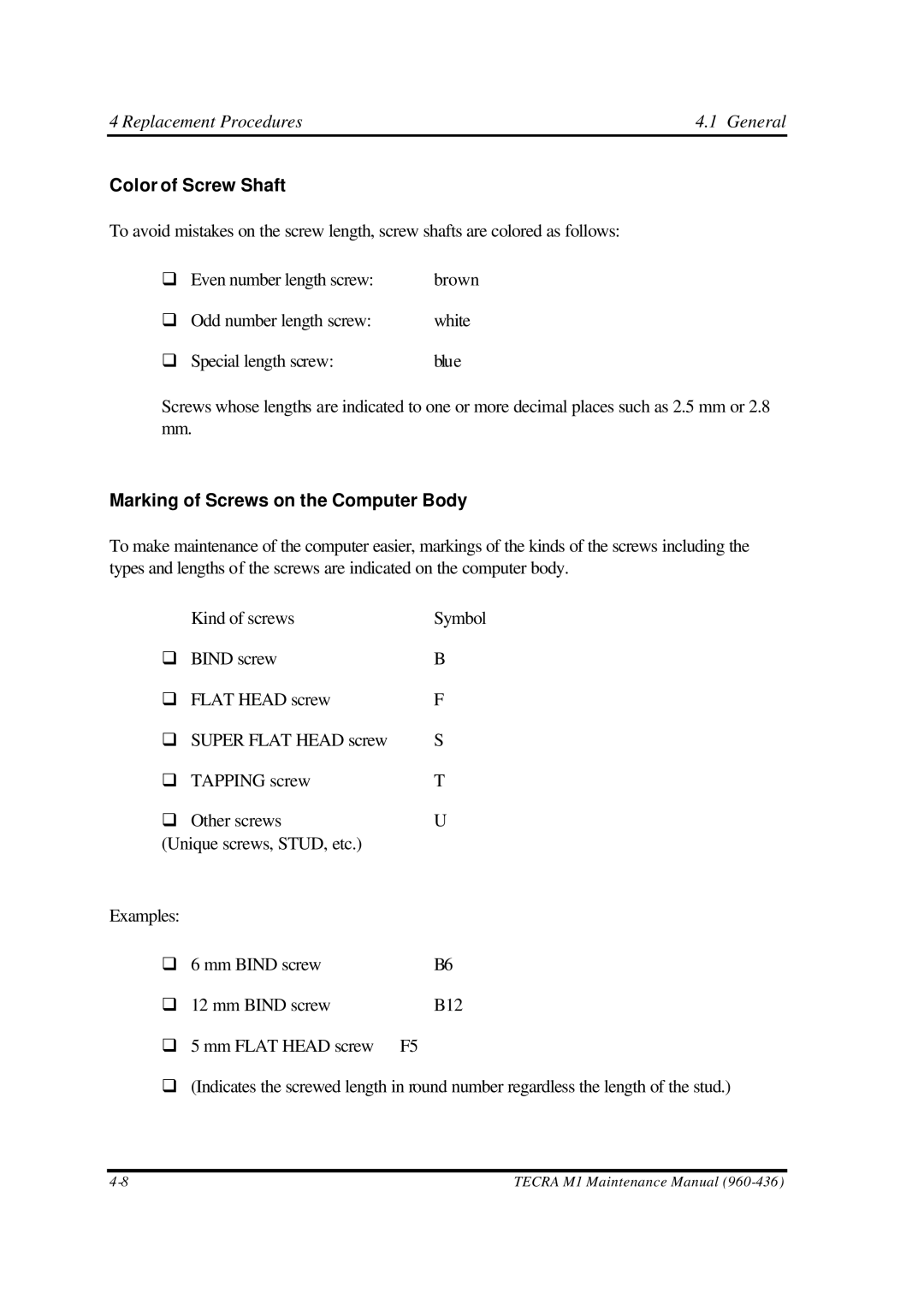 Toshiba M1 manual Color of Screw Shaft, Marking of Screws on the Computer Body 