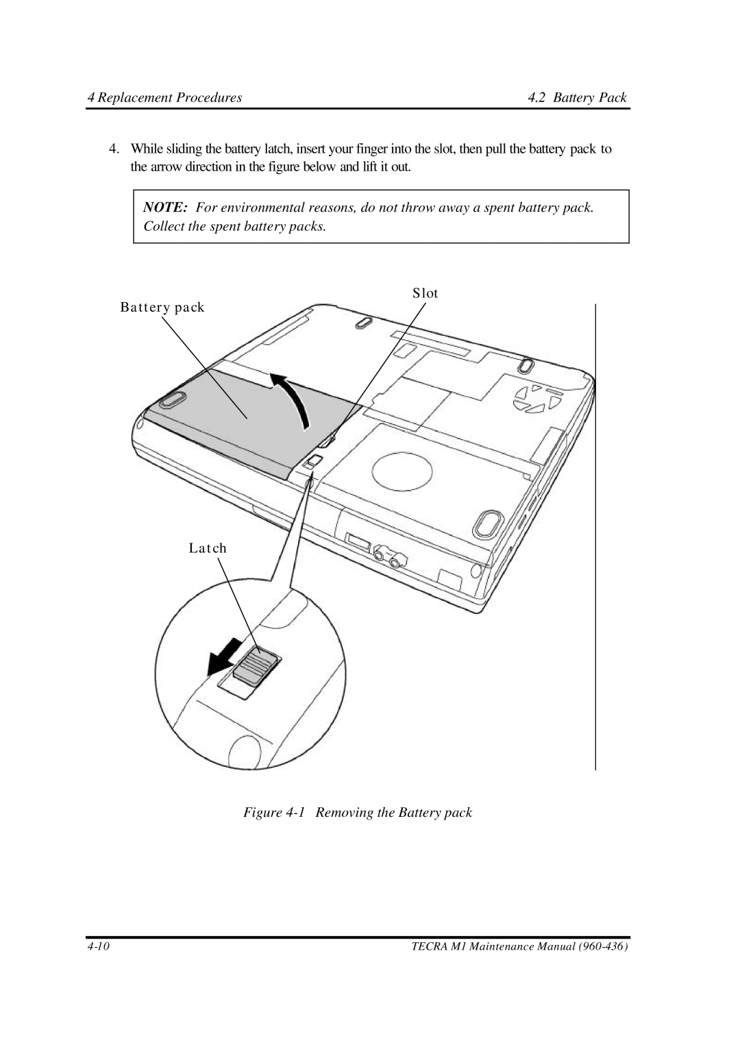 Toshiba M1 manual Replacement Procedures Battery Pack, Removing the Battery pack 