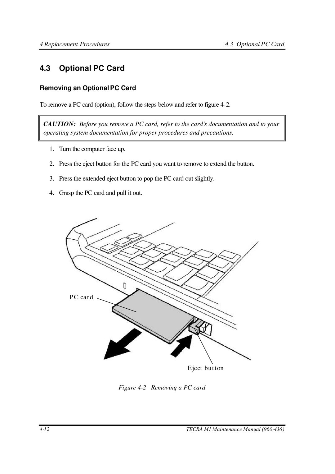 Toshiba M1 manual Replacement Procedures Optional PC Card, Removing an Optional PC Card 