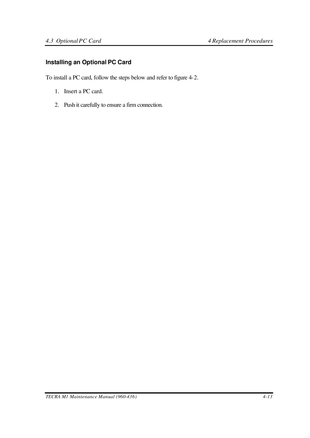 Toshiba M1 manual Installing an Optional PC Card 