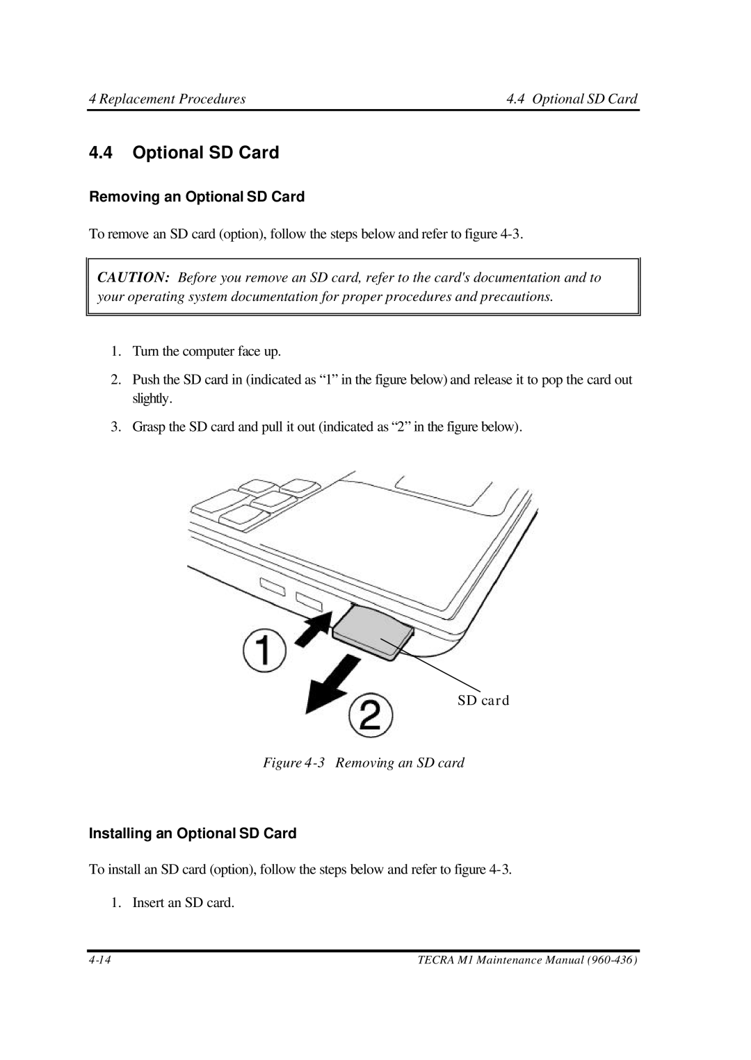 Toshiba M1 manual Replacement Procedures Optional SD Card, Removing an Optional SD Card, Installing an Optional SD Card 