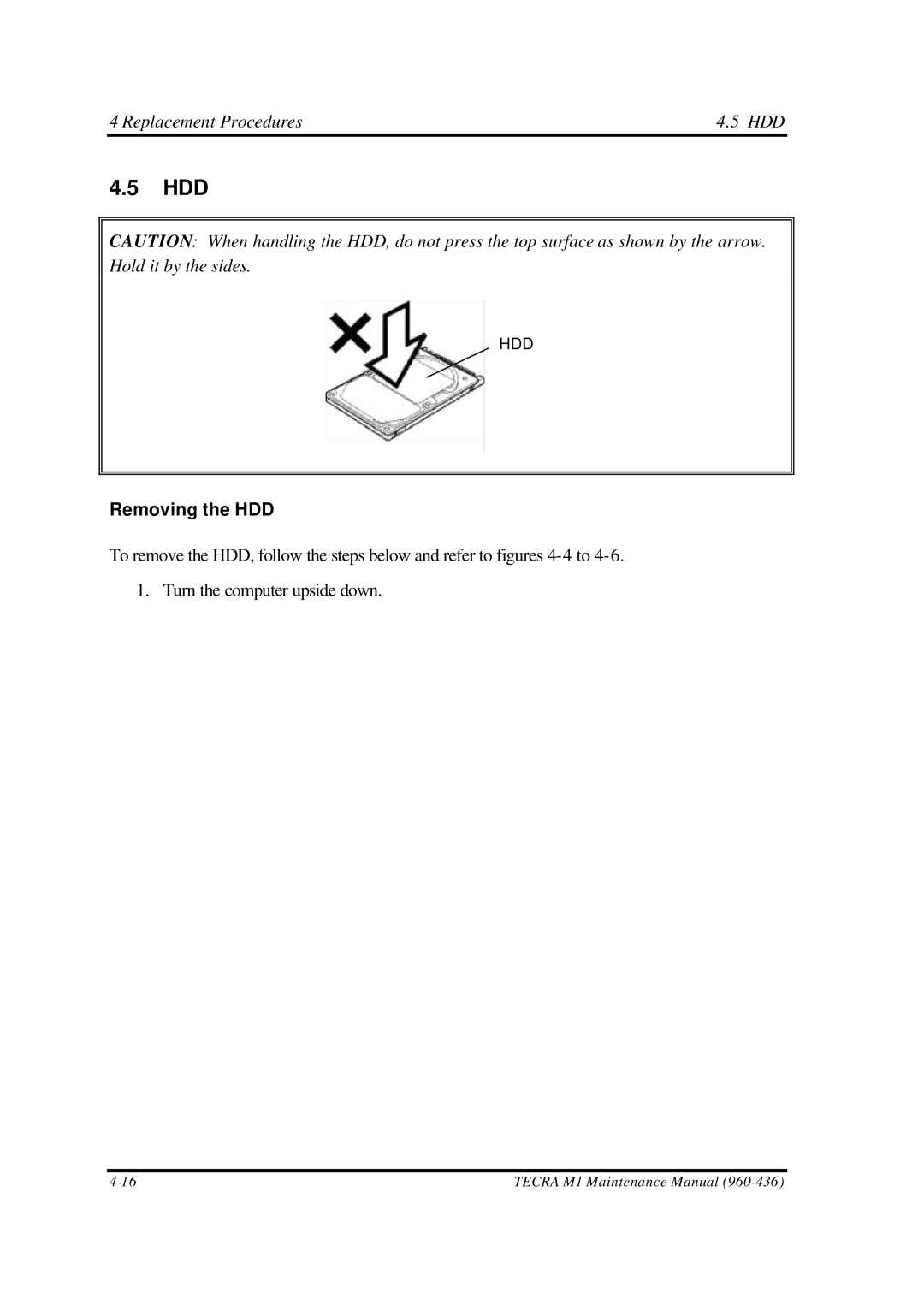 Toshiba M1 manual Hdd, Replacement Procedures HDD, Removing the HDD 