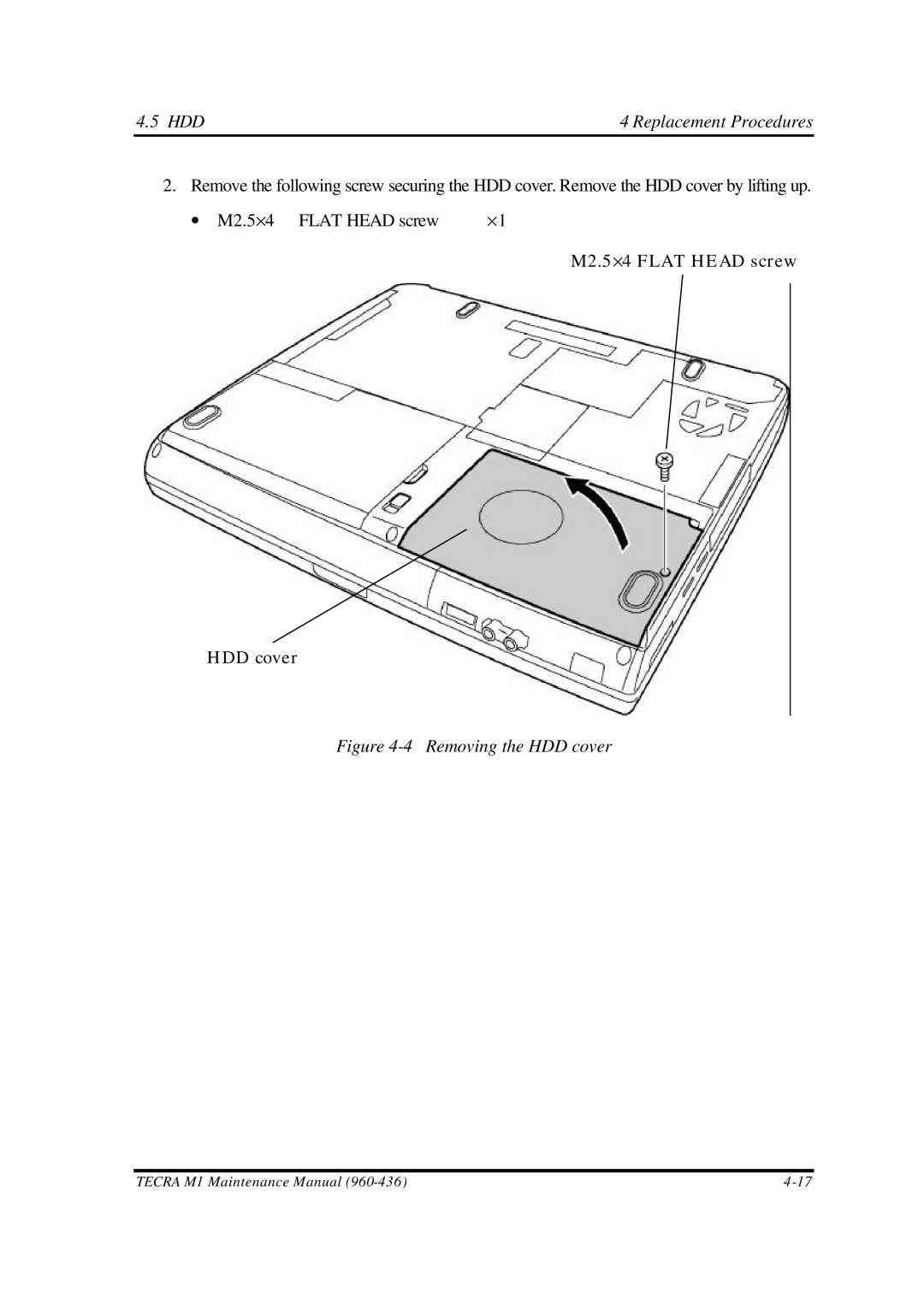 Toshiba M1 manual HDD4 Replacement Procedures, Removing the HDD cover 