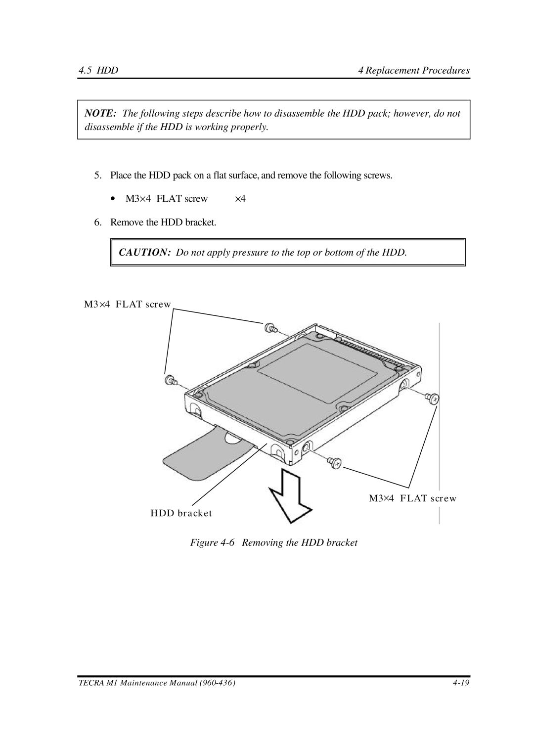 Toshiba M1 manual Removing the HDD bracket 