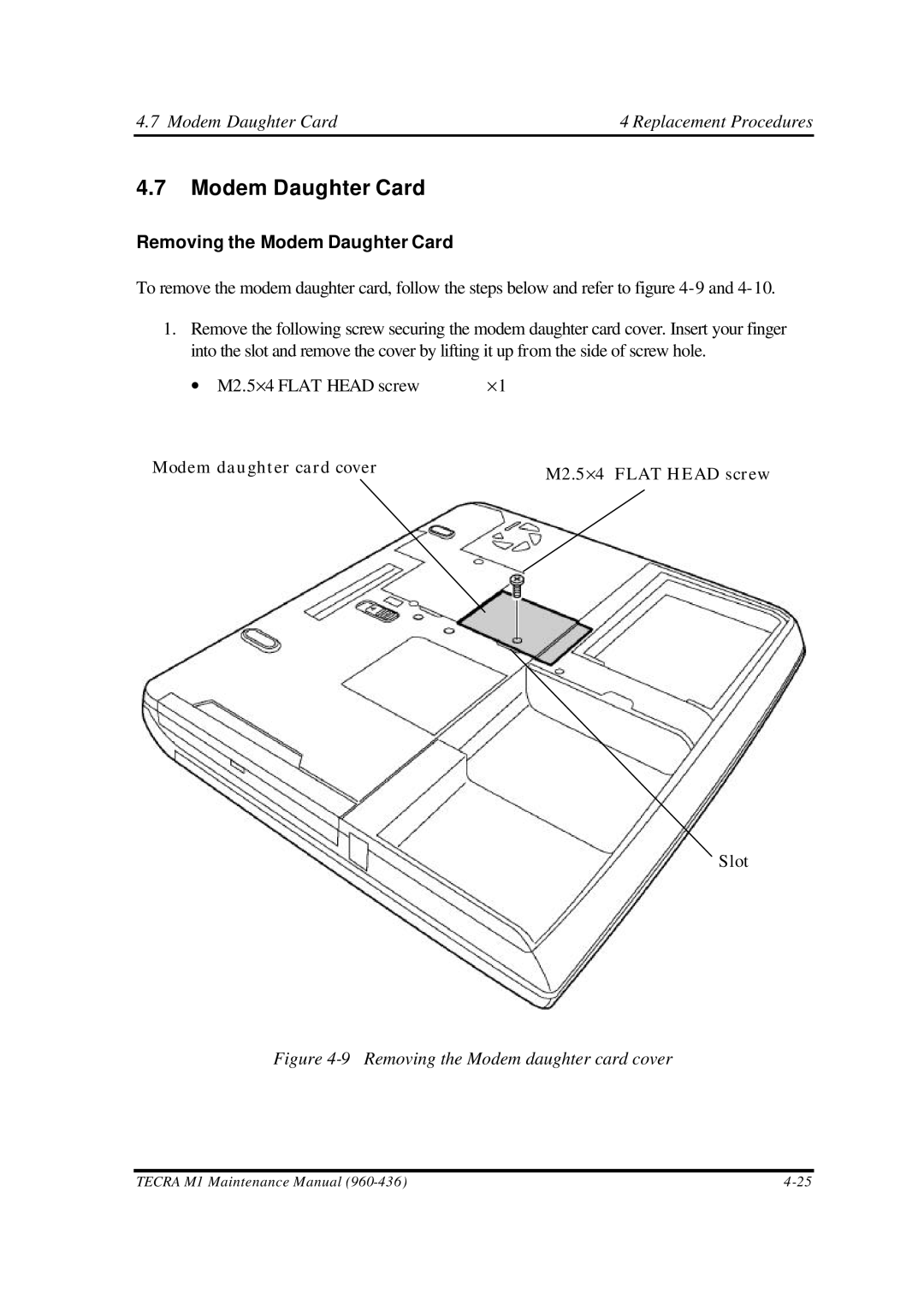 Toshiba M1 manual Removing the Modem Daughter Card 