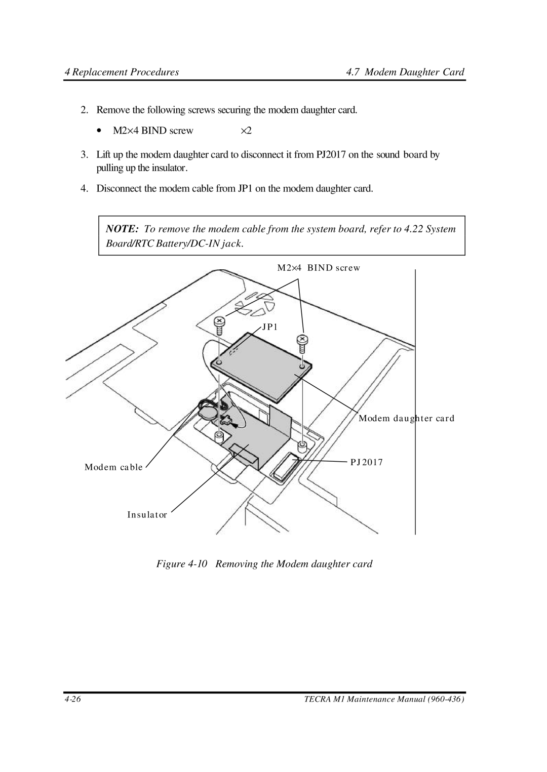 Toshiba M1 manual Replacement Procedures Modem Daughter Card, Removing the Modem daughter card 