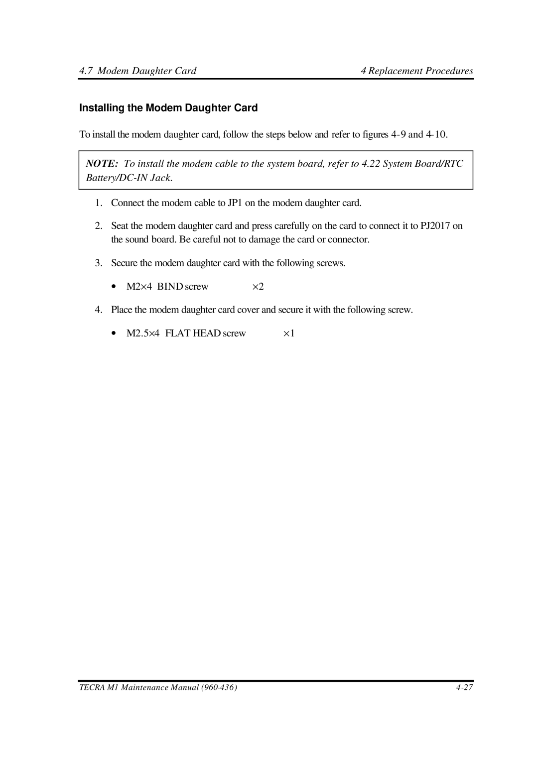 Toshiba M1 manual Installing the Modem Daughter Card 