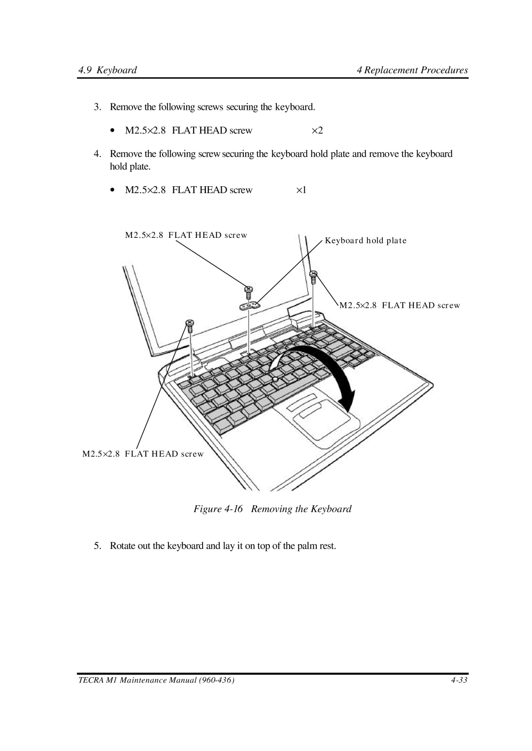 Toshiba M1 manual Removing the Keyboard 