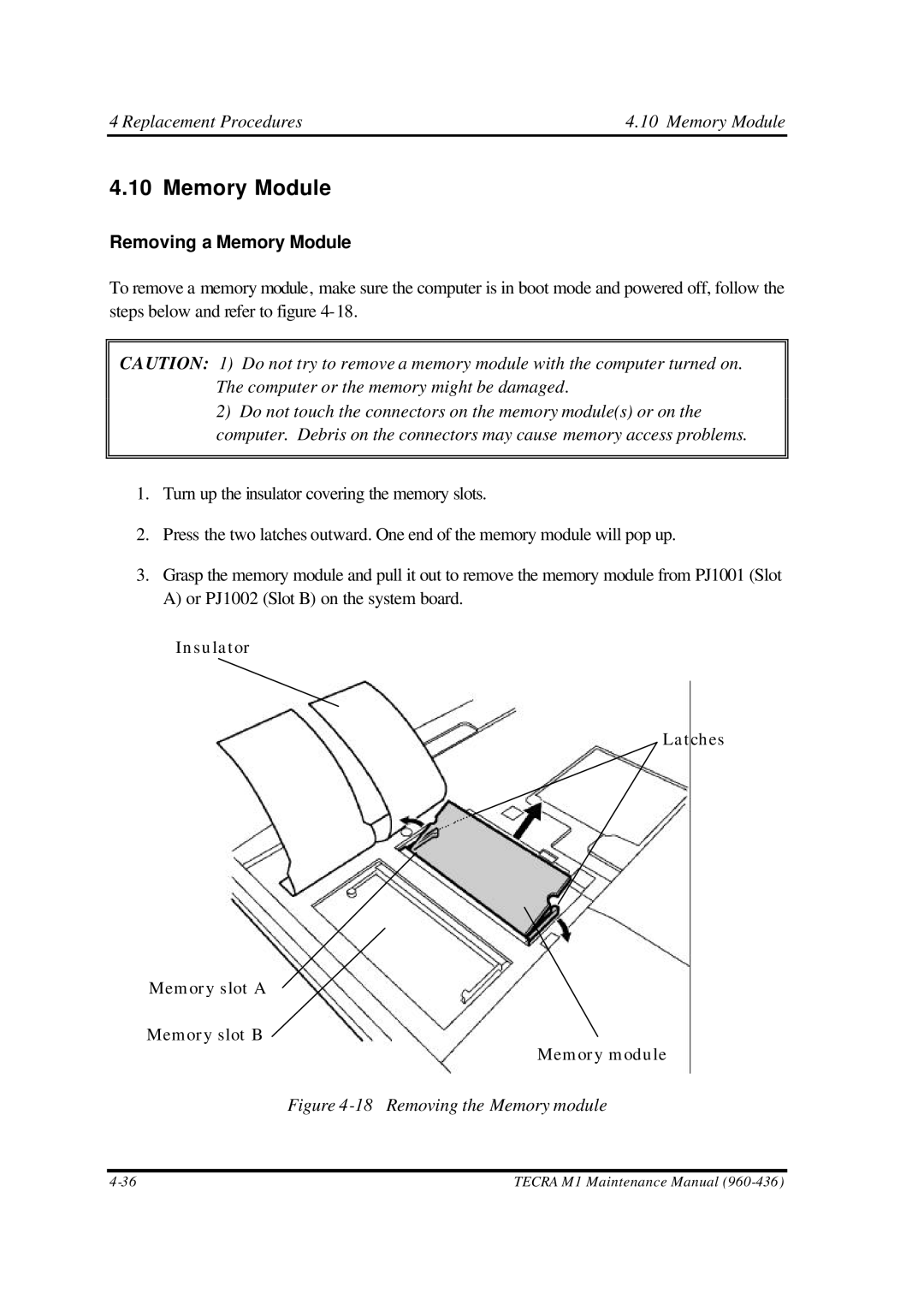 Toshiba M1 manual Replacement Procedures Memory Module, Removing a Memory Module 