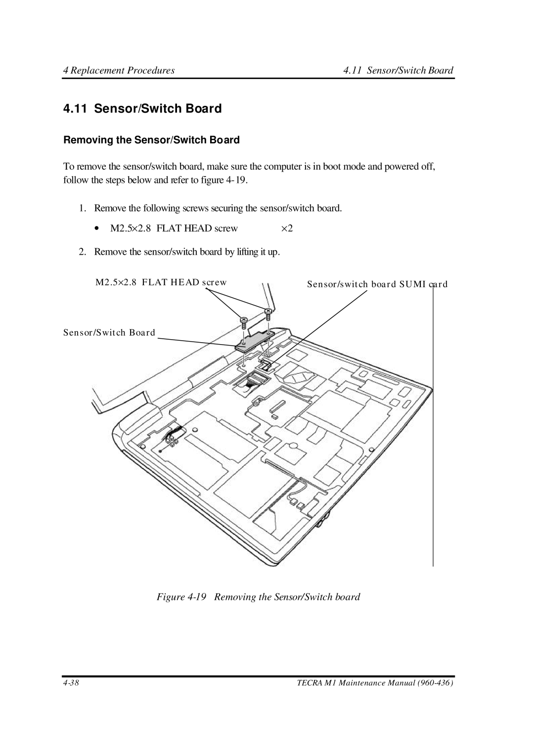 Toshiba M1 manual Replacement Procedures Sensor/Switch Board, Removing the Sensor/Switch Board 