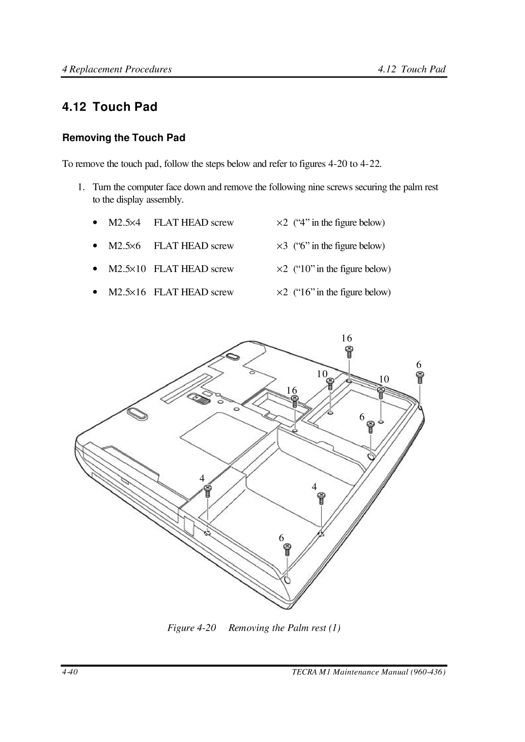 Toshiba M1 manual Replacement Procedures Touch Pad, Removing the Touch Pad 