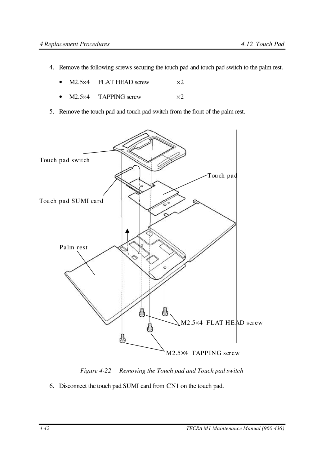 Toshiba M1 manual Replacement Procedures Touch Pad 