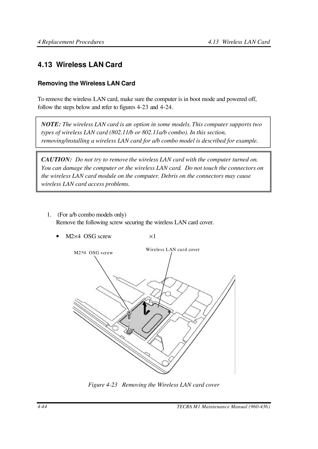 Toshiba M1 manual Replacement Procedures Wireless LAN Card, Removing the Wireless LAN Card 