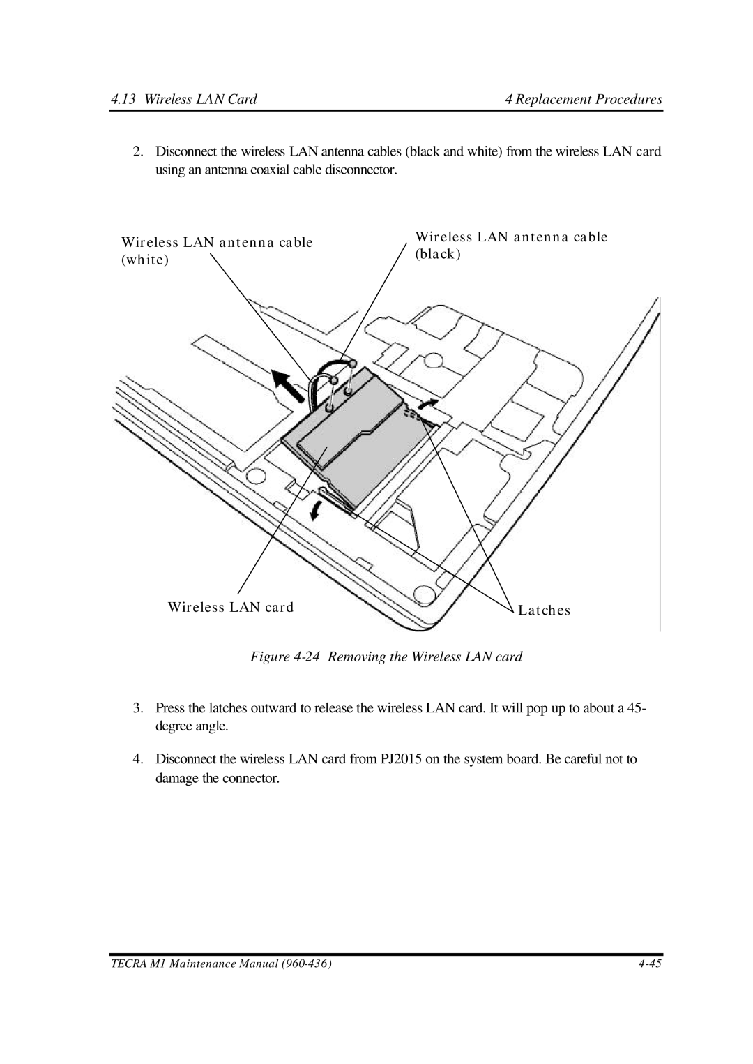 Toshiba M1 manual Removing the Wireless LAN card 