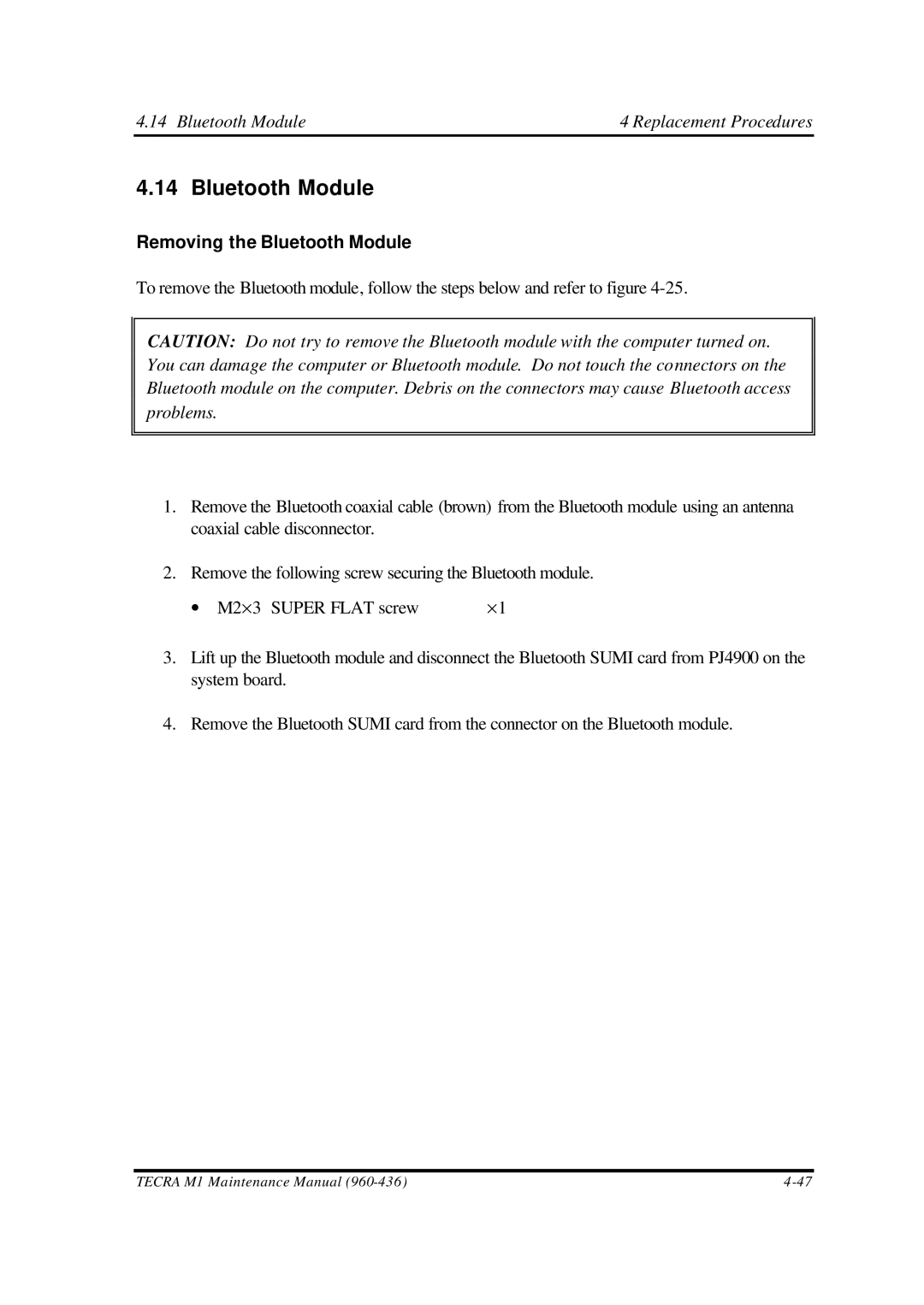 Toshiba M1 manual Removing the Bluetooth Module 