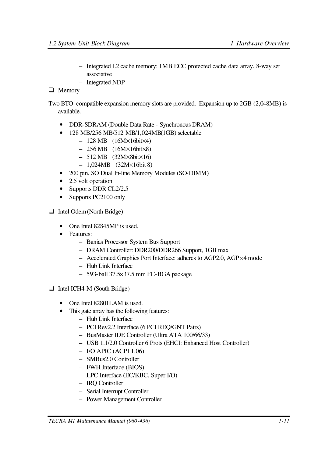 Toshiba M1 manual System Unit Block Diagram Hardware Overview 