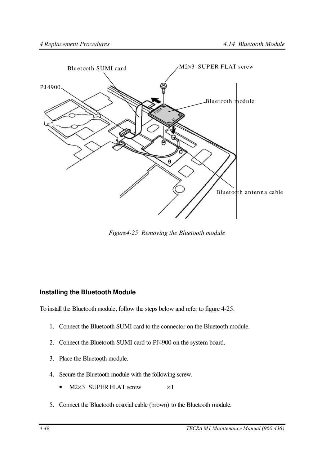 Toshiba M1 manual Replacement Procedures Bluetooth Module, Installing the Bluetooth Module 