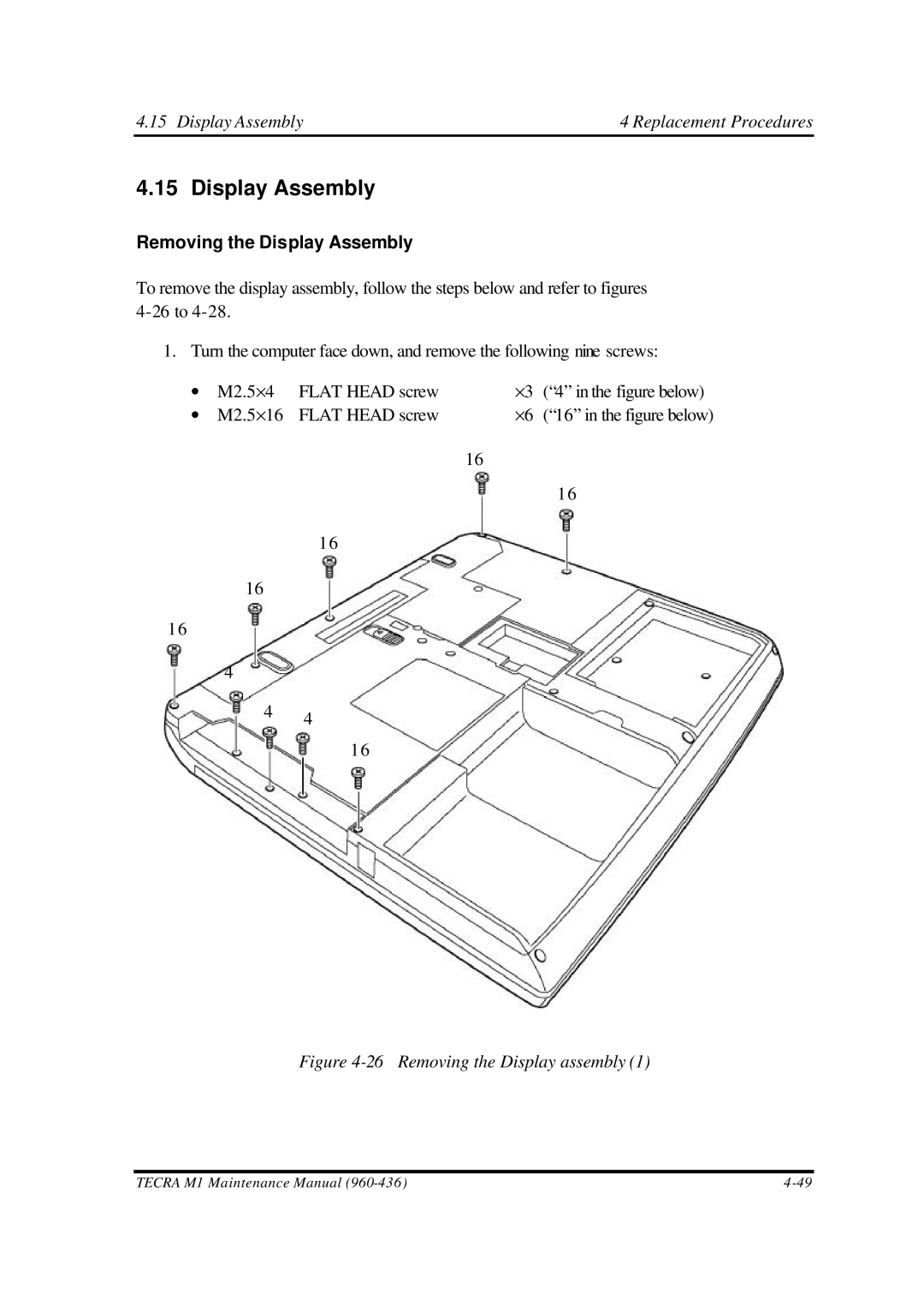 Toshiba M1 manual Removing the Display Assembly 