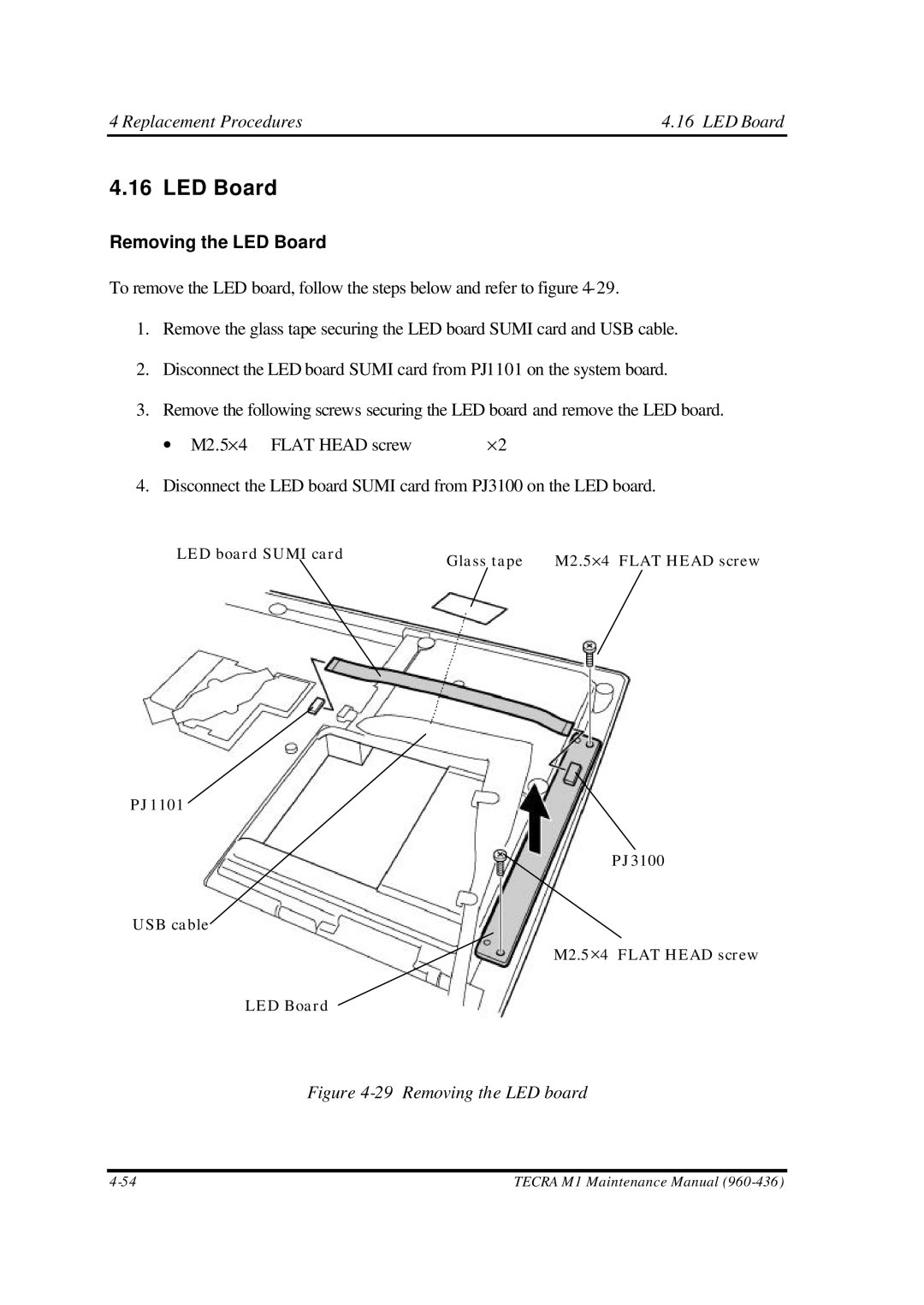 Toshiba M1 manual Replacement Procedures LED Board, Removing the LED Board 