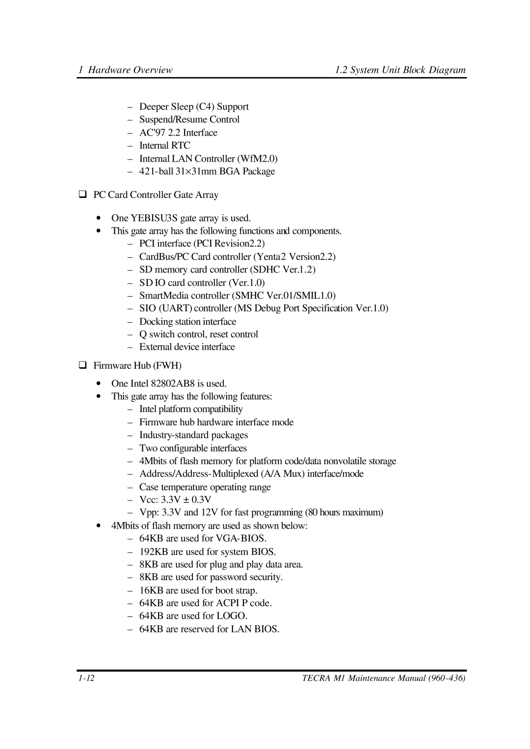 Toshiba M1 manual Hardware Overview 