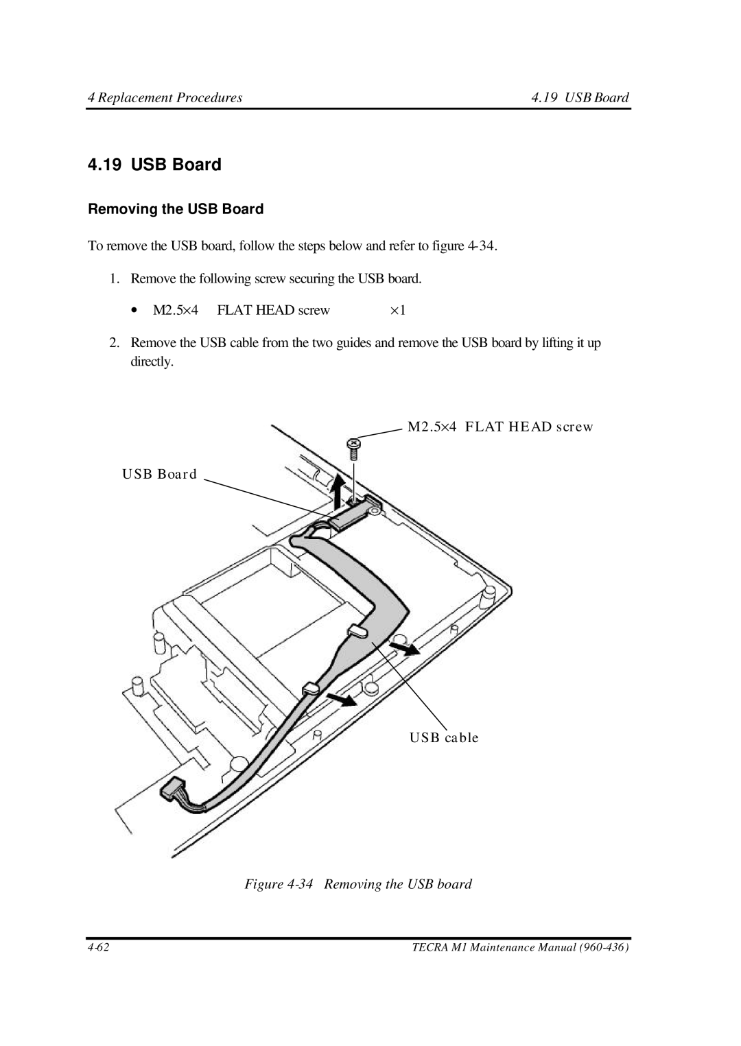 Toshiba M1 manual Replacement Procedures USB Board, Removing the USB Board 