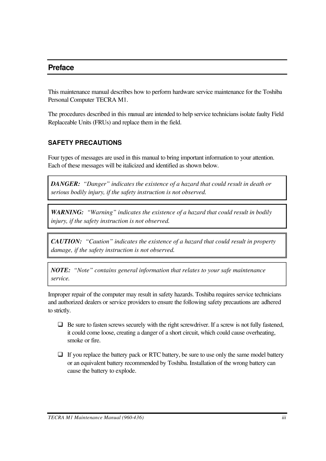 Toshiba M1 manual Preface, Safety Precautions 