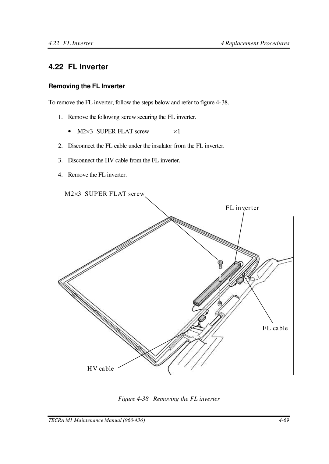 Toshiba M1 manual FL Inverter4 Replacement Procedures, Removing the FL Inverter 