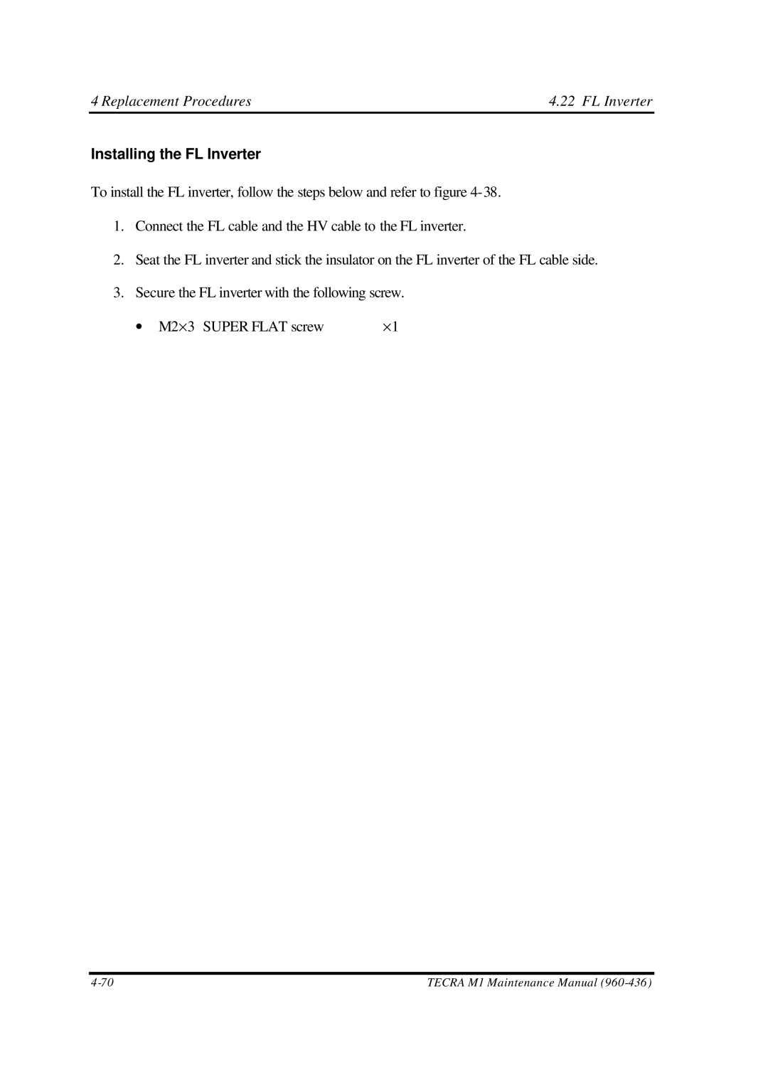 Toshiba M1 manual Replacement Procedures FL Inverter, Installing the FL Inverter 