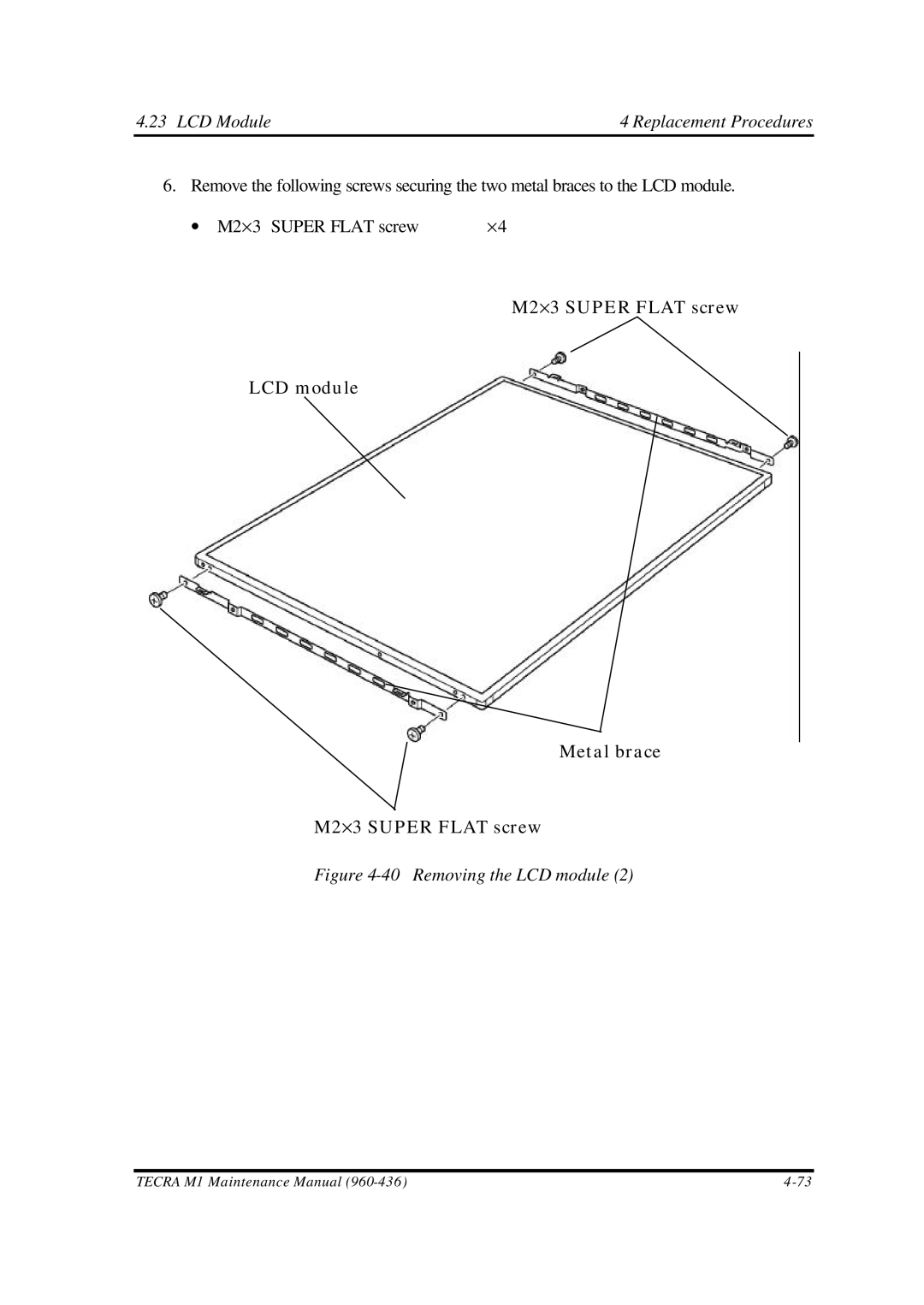 Toshiba M1 manual Removing the LCD module 