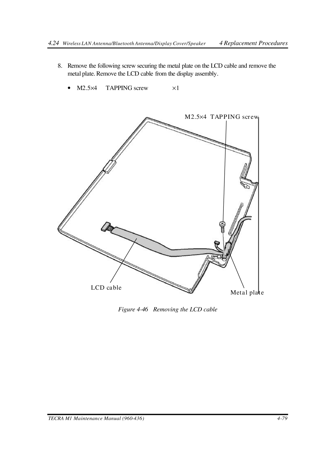 Toshiba M1 manual Removing the LCD cable 