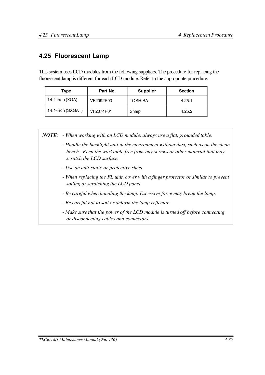 Toshiba M1 manual Fluorescent Lamp Replacement Procedure, Type Supplier Section 