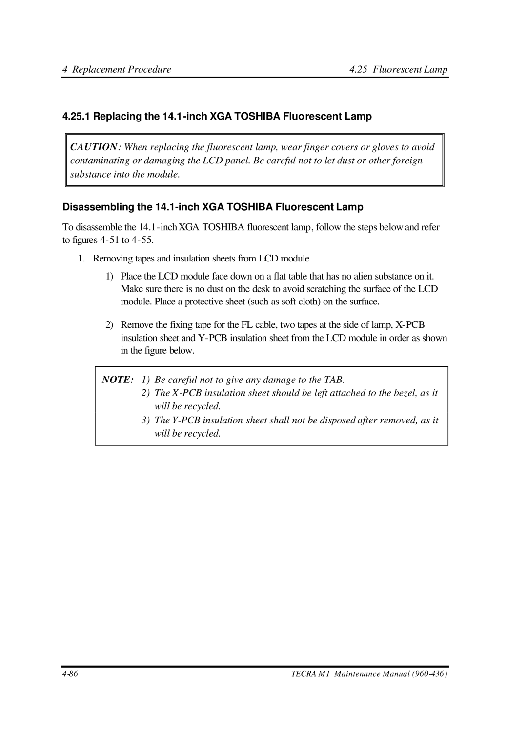 Toshiba M1 manual Replacement Procedure Fluorescent Lamp 