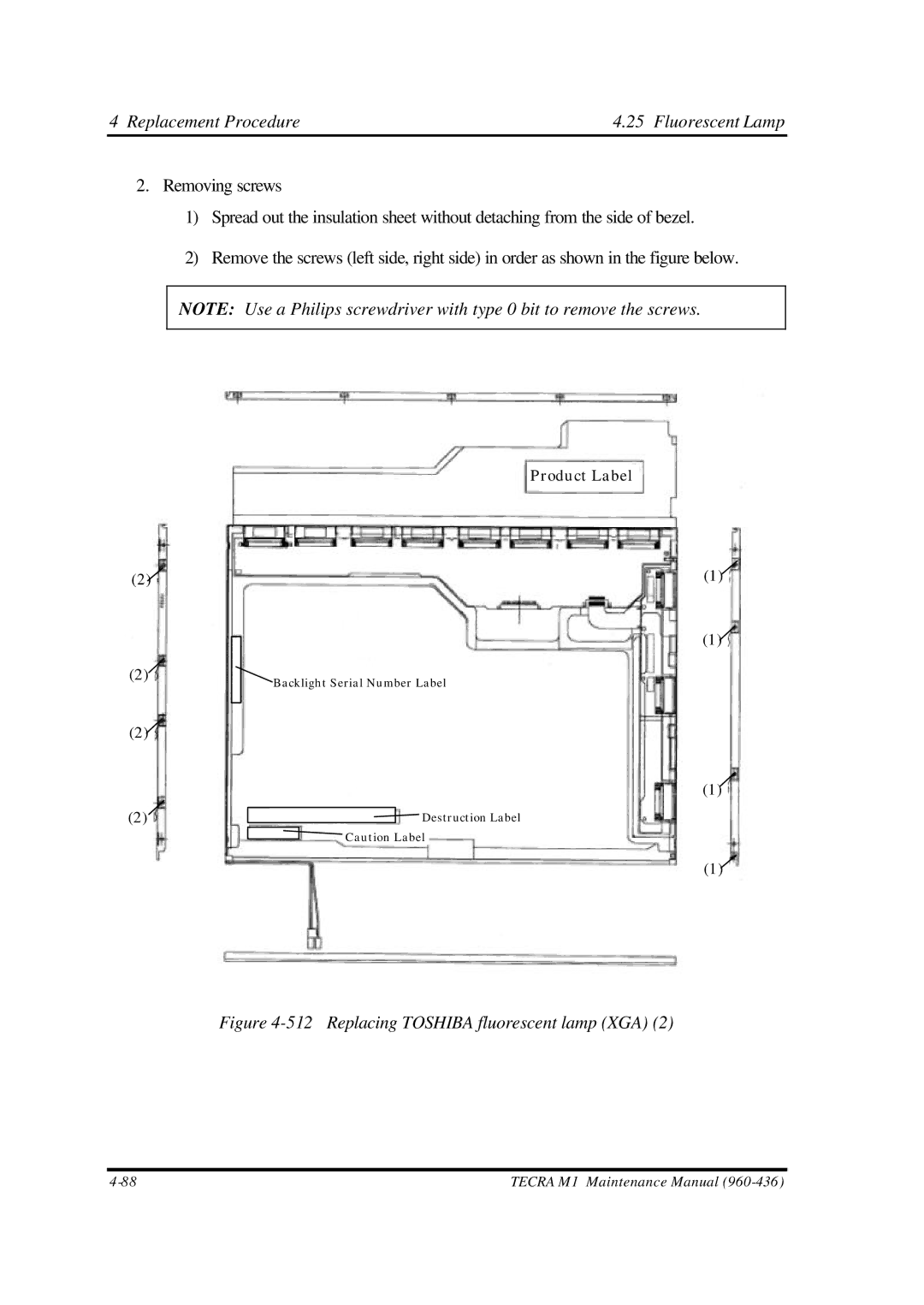 Toshiba M1 manual Replacing Toshiba fluorescent lamp XGA 