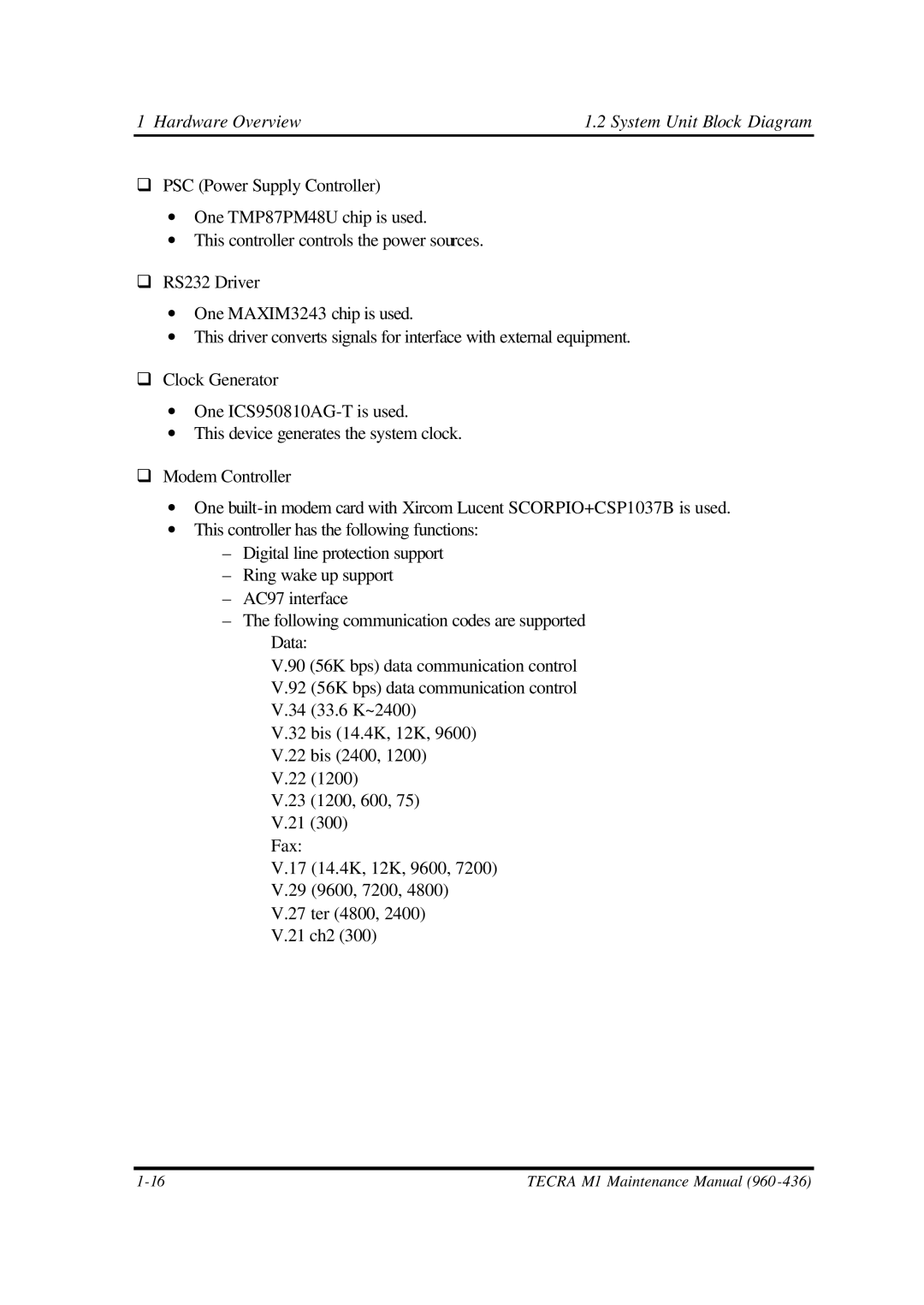 Toshiba M1 manual Hardware Overview 