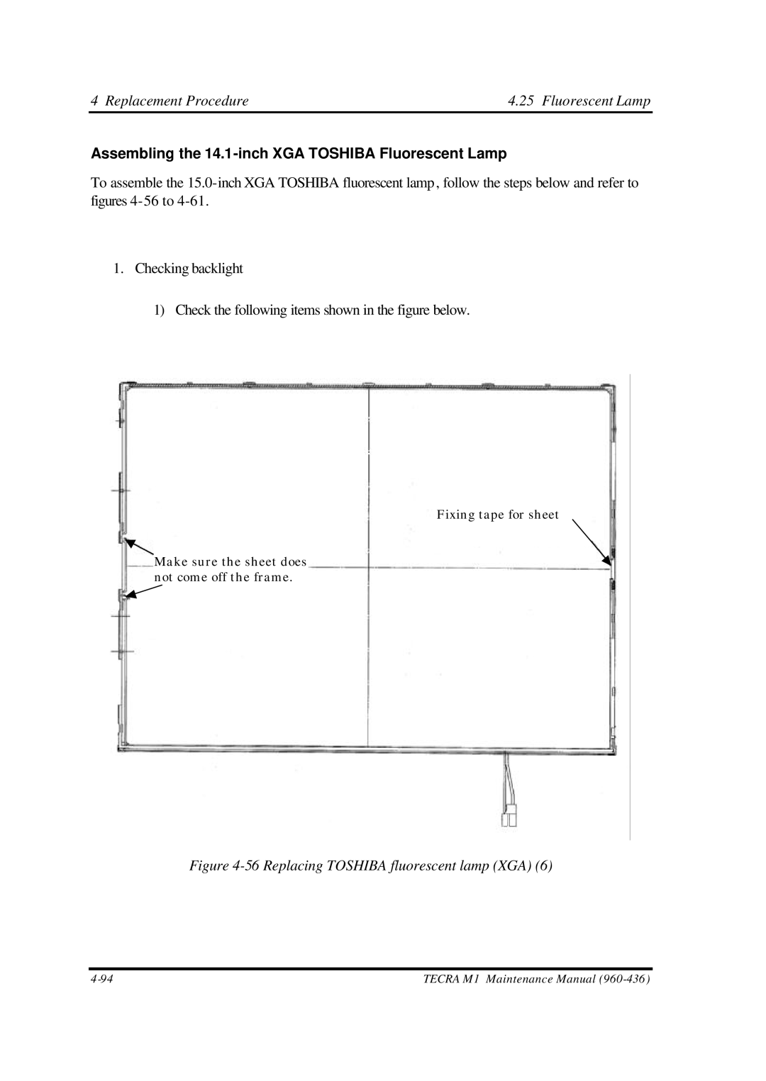 Toshiba M1 manual Assembling the 14.1-inch XGA Toshiba Fluorescent Lamp, Replacing Toshiba fluorescent lamp XGA 